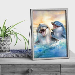 Happy‎ Dolphins Playing Splashing Watercolor Oil Painting Fantasy Art Print